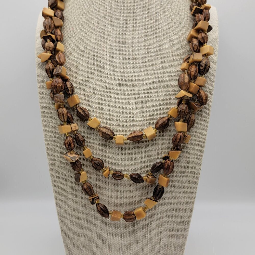 Vintage Silver Tone Brown Seed Multi-Strand Layered Necklace 23" Signed Japan